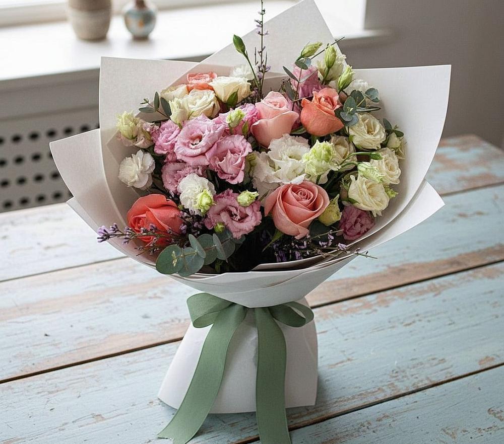 Букет цветов из: Розы, Лизиантусы и Гвоздики в Светлограде