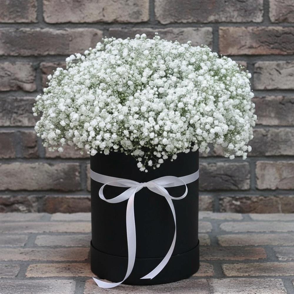 Цветочная композиция из Гипсофила в шляпной коробке в Светлограде